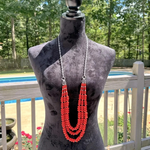 Multiple Looks 3 Strand Orange & Silver Long Statement Necklace Premier Designs - Picture 6 of 16